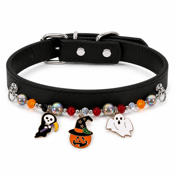 Black Halloween pet collar with detachable ghost and pumpkin charms